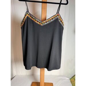 Shein Curve Women 1XL Black Cami Top Multi-Color Embroidered Trim‎ V-Neck Blouse